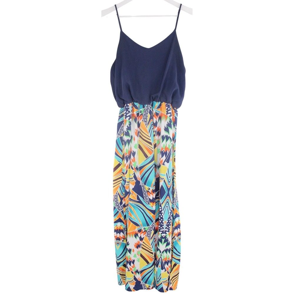 Navy Blue Printed Maxi Dress Spaghetti Strap Boho Summer Beach Vacation Size M